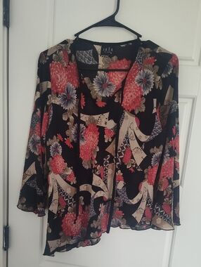 J.K. LA Black Floral Sheer Cardigan with Red & Cream Accents